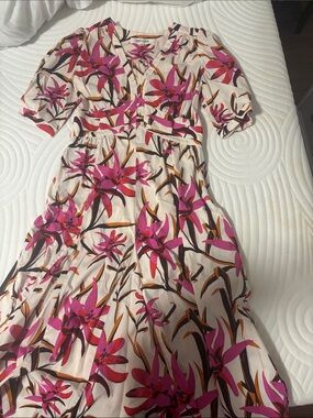 Diane Von Furstenberg Cream Midi Dress with Pink Floral Print